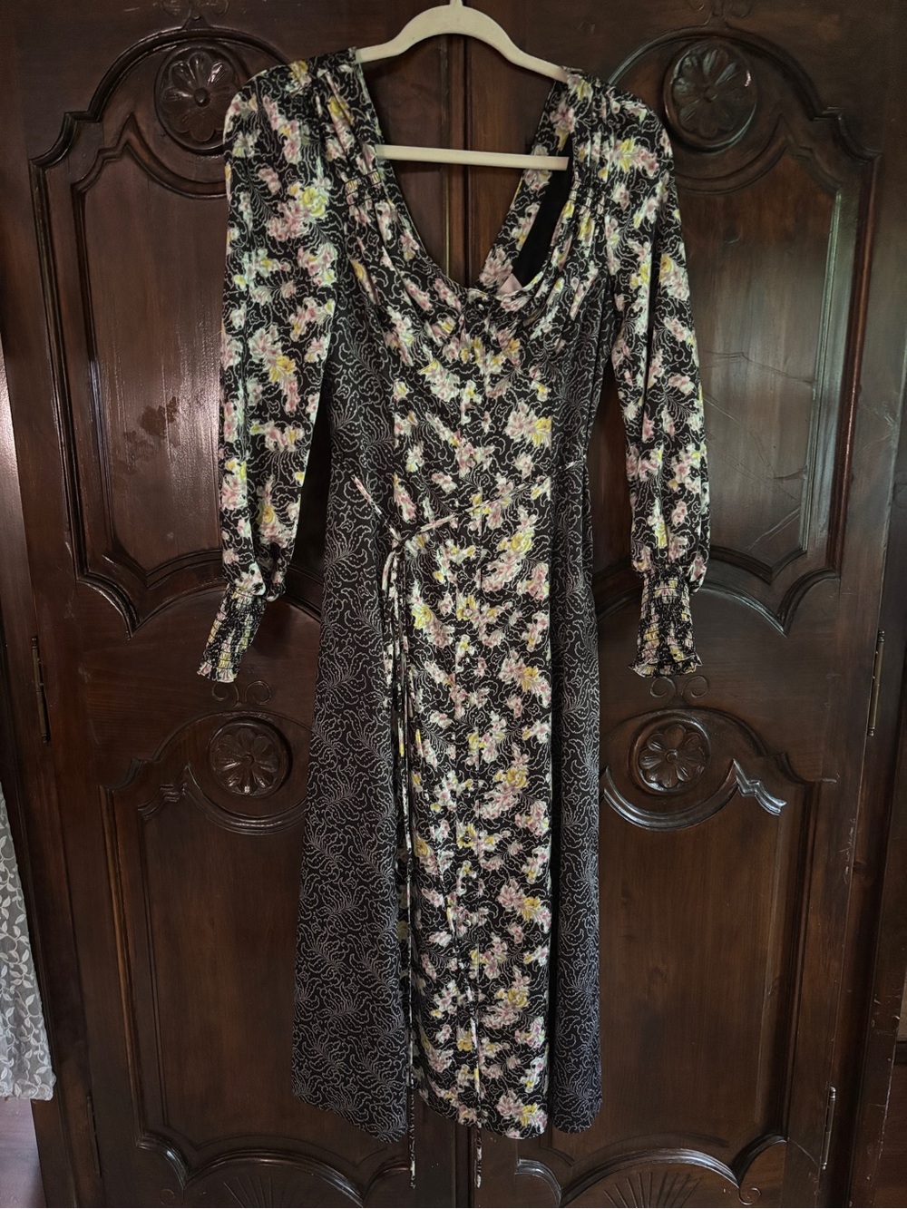 cinq a sept Black Floral Long Sleeve Draped Wrap Dress
